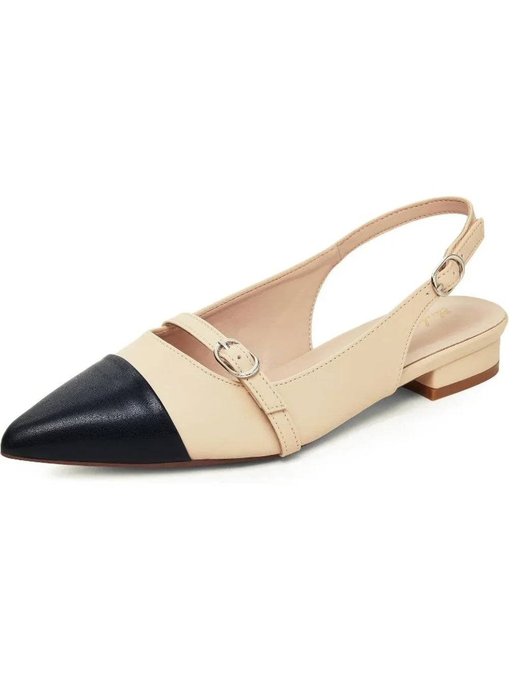 Women's Black Nude Leather Slingback Flats Rhinestone Closed Pointed Toe Shoes